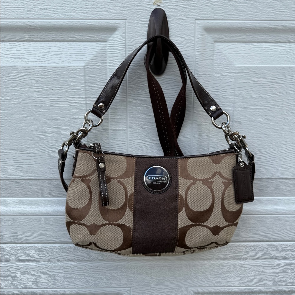 Vintage Coach Shoulder Bag Brown Tan Signature Jacquard Logo Leather F17439
